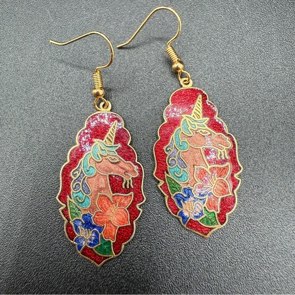 Rare Unicorn Cloisonne Dangle Earrings - Red, Gold, Blue - Picture 8 of 8